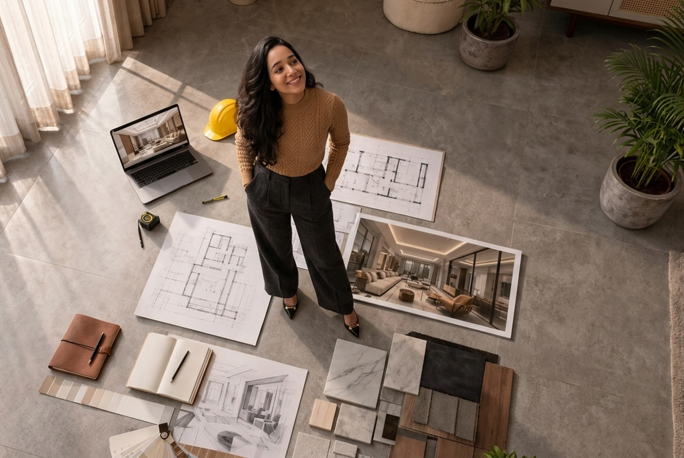 Home interior design planning with floor plans, material samples, furniture references, and space planning ideas.