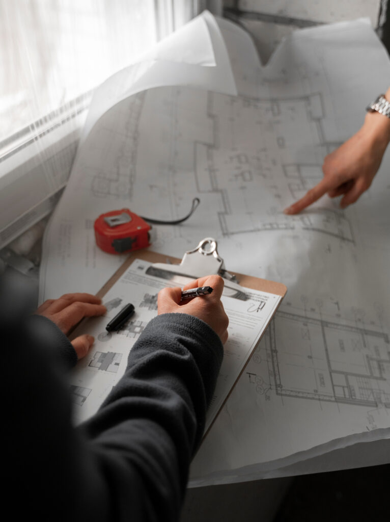 Home interior layout planning with architectural drawings, furniture arrangements, and material selections.