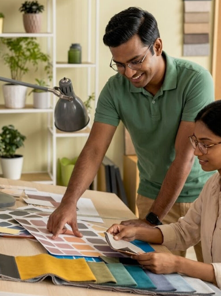Homeowners selecting interior materials, colours, and finish samples for their new home.