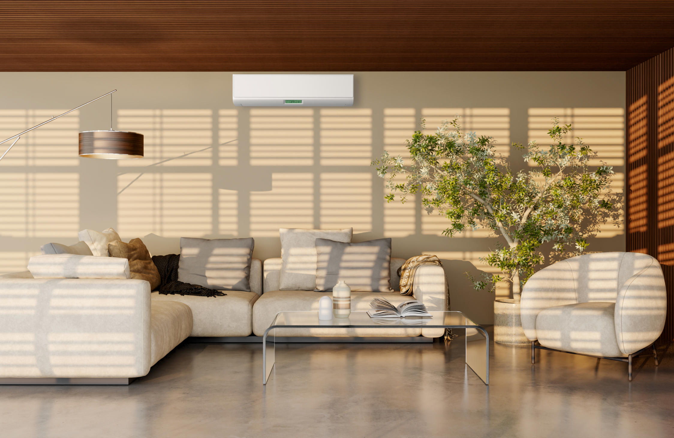 Luxury sustainable living room with refined furniture, natural materials, indoor plants, and a sophisticated contemporary interior.