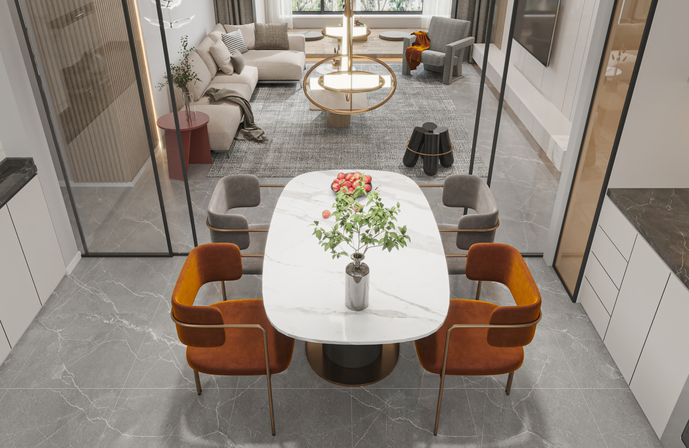 Modern home dining area with an elegant dining table, comfortable seating, contemporary lighting, and refined interiors.