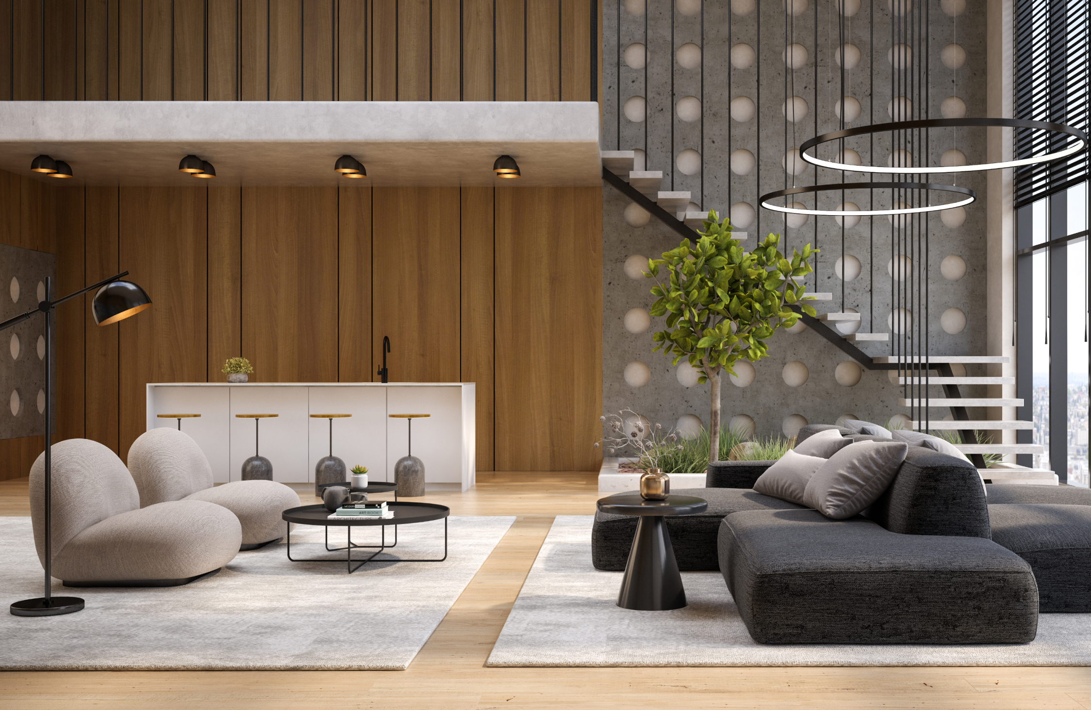 Modern home interior with elegant furniture, natural materials, large windows, and a sophisticated living space.