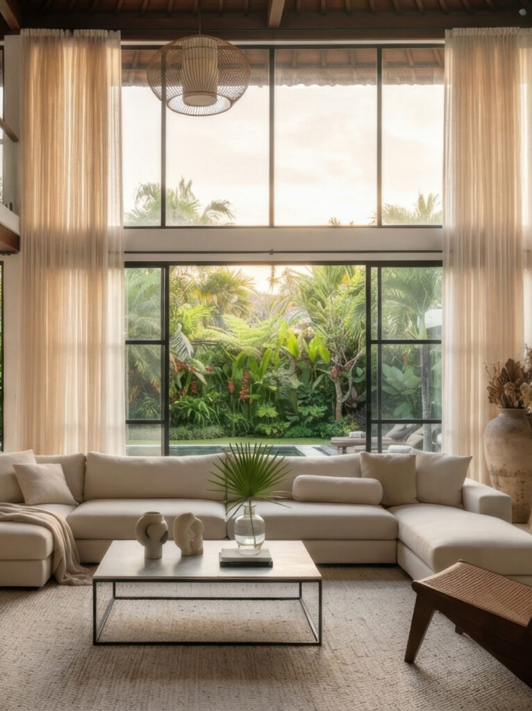 Sustainable home interior with large windows, natural daylight, neutral furnishings, and a connection to greenery.