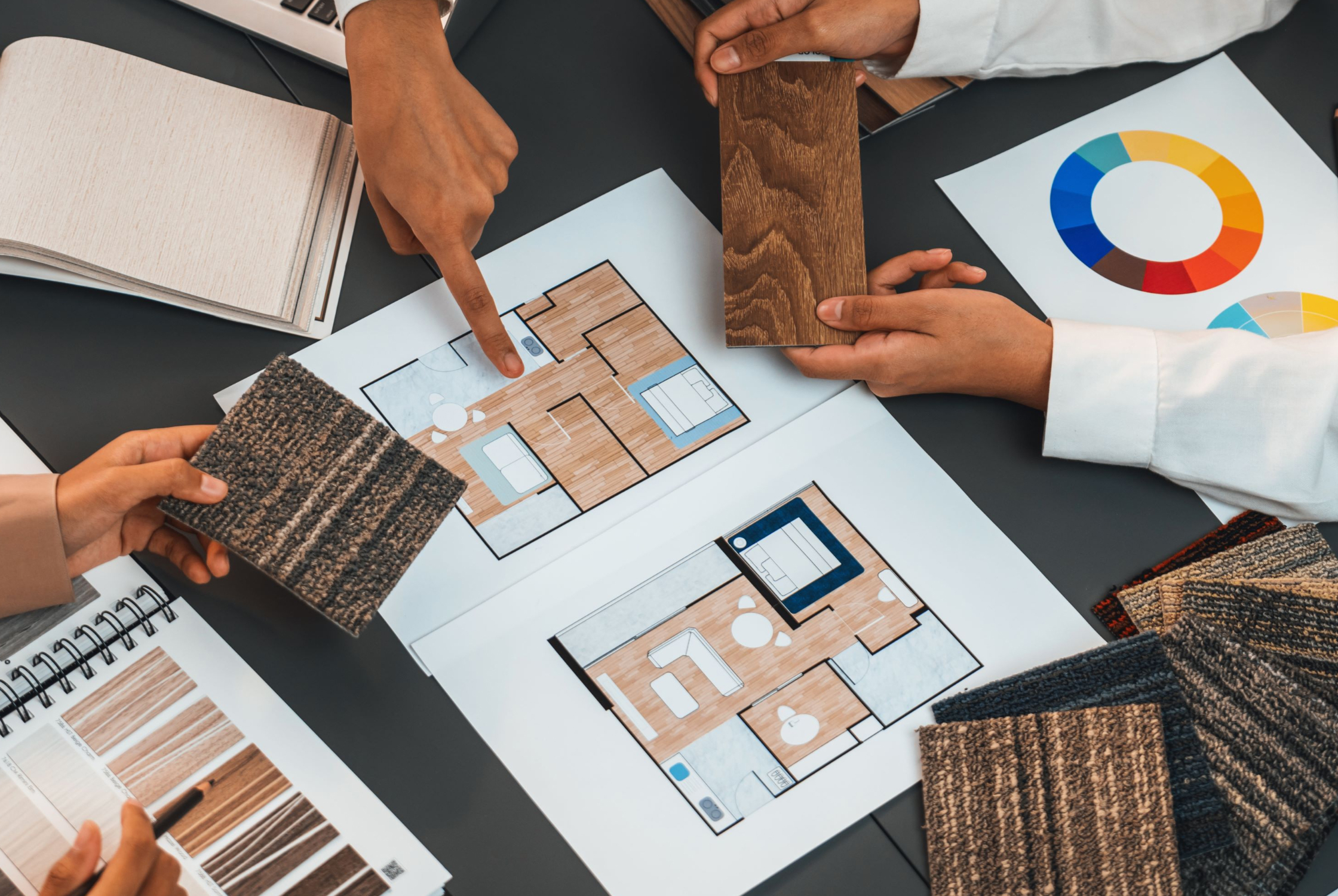 Residential interior design planning with furniture layouts, floor plans, material samples, and design references.