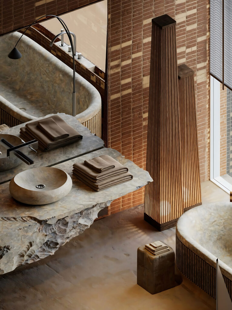 Sustainable interior featuring natural wood, stone, textured materials, and earthy finishes for an eco-friendly home.